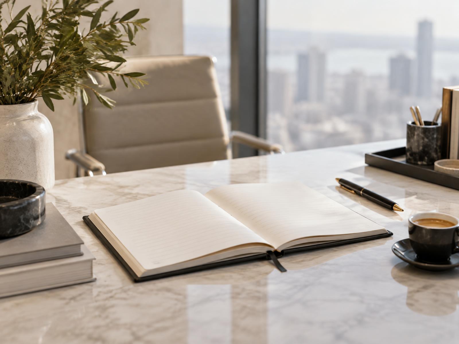 Moleskine aperta su una scrivania in un ufficio contemporaneo